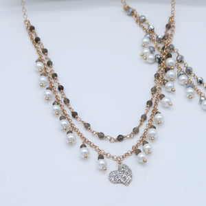 Collana doppia multipietra e ciondolo cuore glitter argento