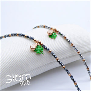 Bracciale ematite e palline argento rosa con Quadrifoglio smalto e coccinella  Ref. B 616