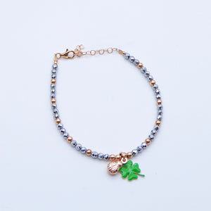 Bracciale ematite e palline argento rosa con Quadrifoglio smalto e coccinella  Ref. B 616
