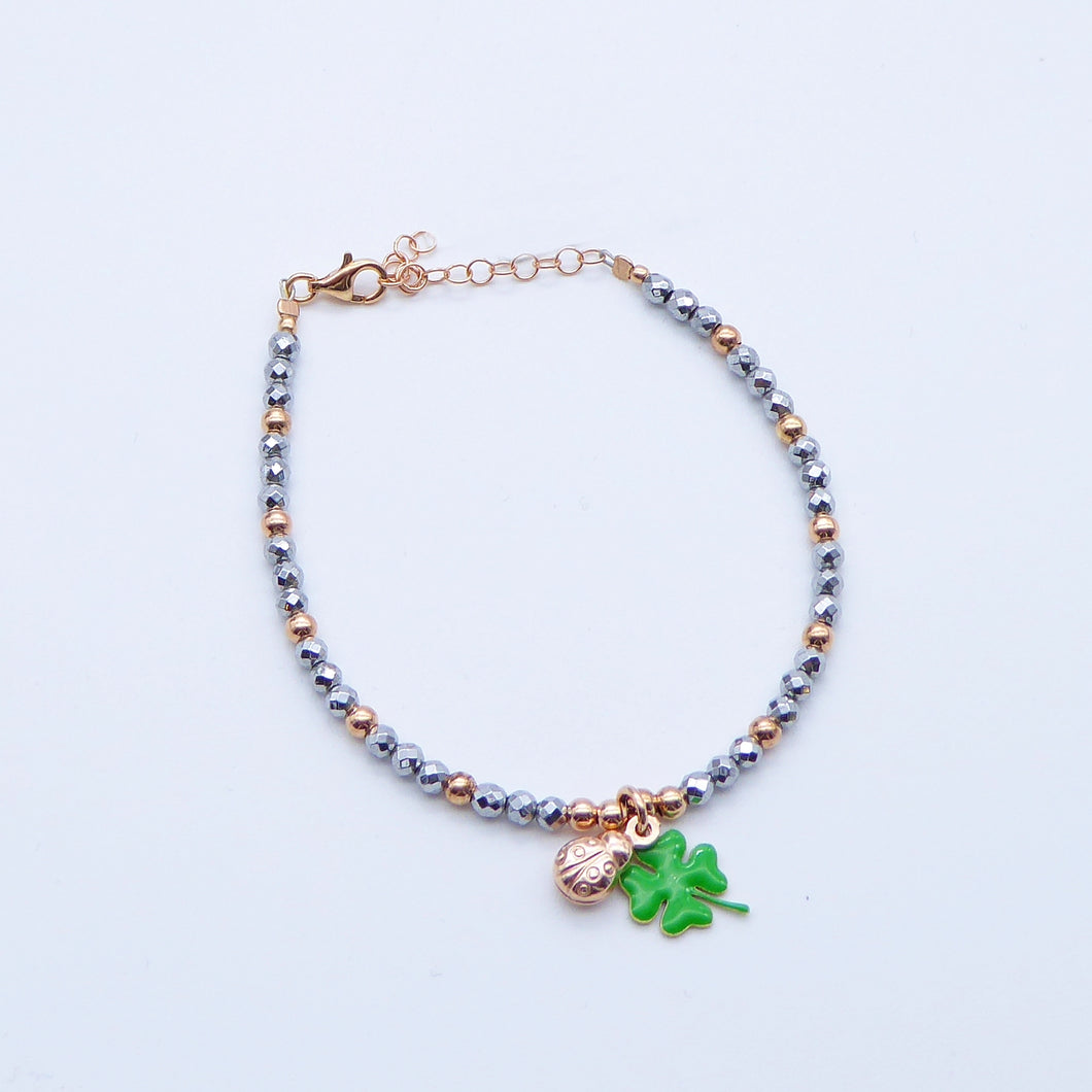 Bracciale ematite e palline argento rosa con Quadrifoglio smalto e coccinella  Ref. B 616