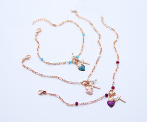 Braccialetto maglia rettangolare mix con cuore sacro, croce e perla