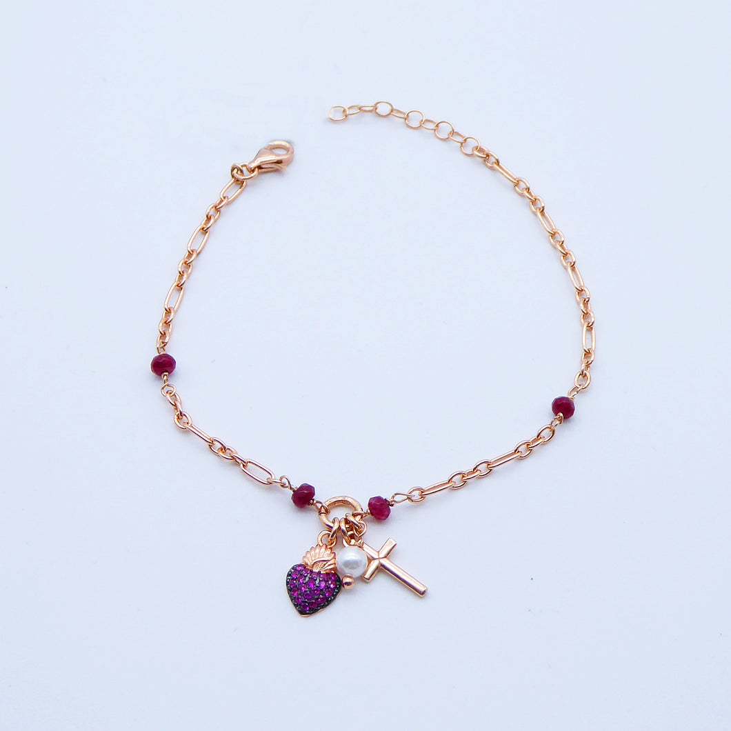 Braccialetto maglia rettangolare mix con cuore sacro, croce e perla